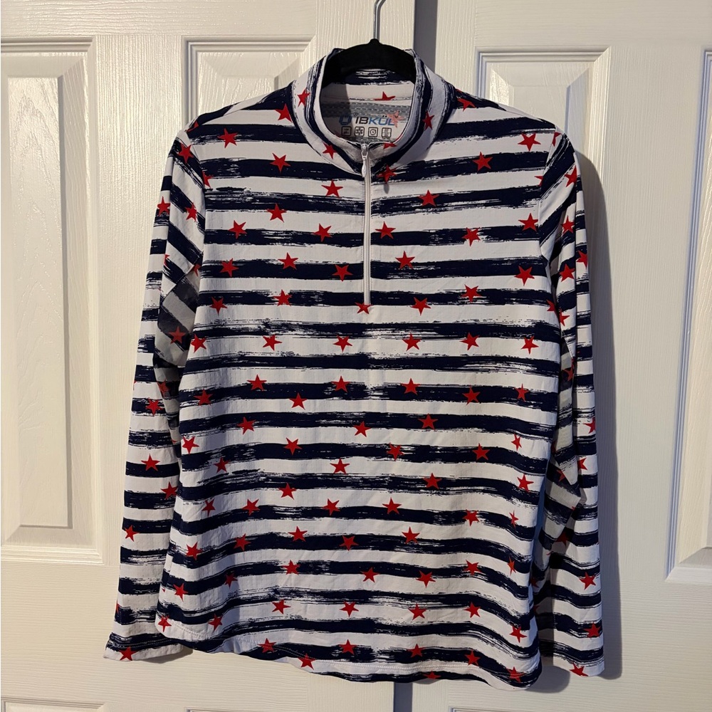 IBKUL Navy & White Stripe 1/4 Zip Pullover With Red Stars UPF 50+ Size Large